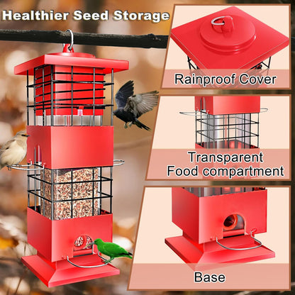 Squirrel Proof Bird Feeders for Outdoors Hanging, Metal Tube Bird Feeder w/4 Feeding Ports, Gravity Protection Wild Bird Feeders for Outside Backyard, Cardinal, Sparrow, Finch (3.5LB, Red)