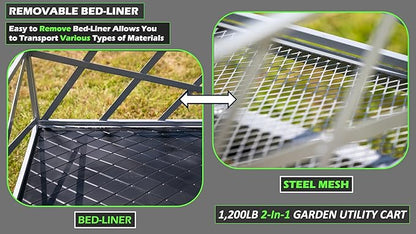 Yard Commander - Heavy Duty 1200lb Steel All Terrain Utility Cart, Garden Wagon, 9 cu ft Bed, Easy Assembly, Removable Side Panels, 45° Dump Angle, 2-in-1 Convertible Handle for Towing