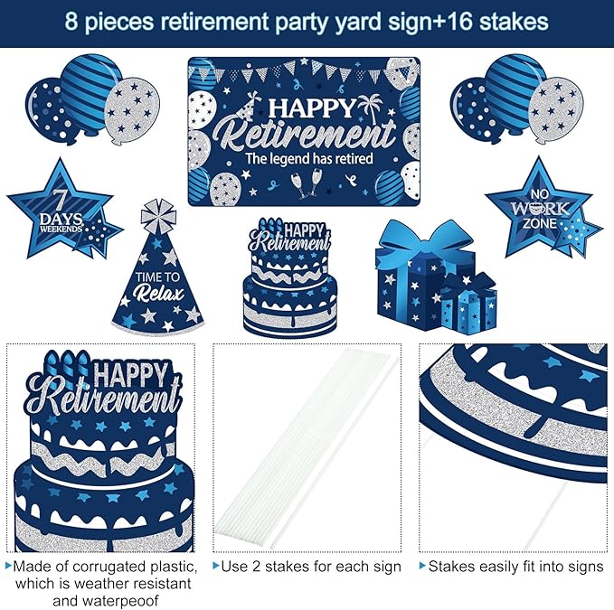 Yulejo 8 Pieces Retirement Yard Sign Decorations Happy Retirement Yard Signs Retirement lawn Sign with Stakes for Outdoor Retirement Party Supplies 16inch (Blue and Silver)