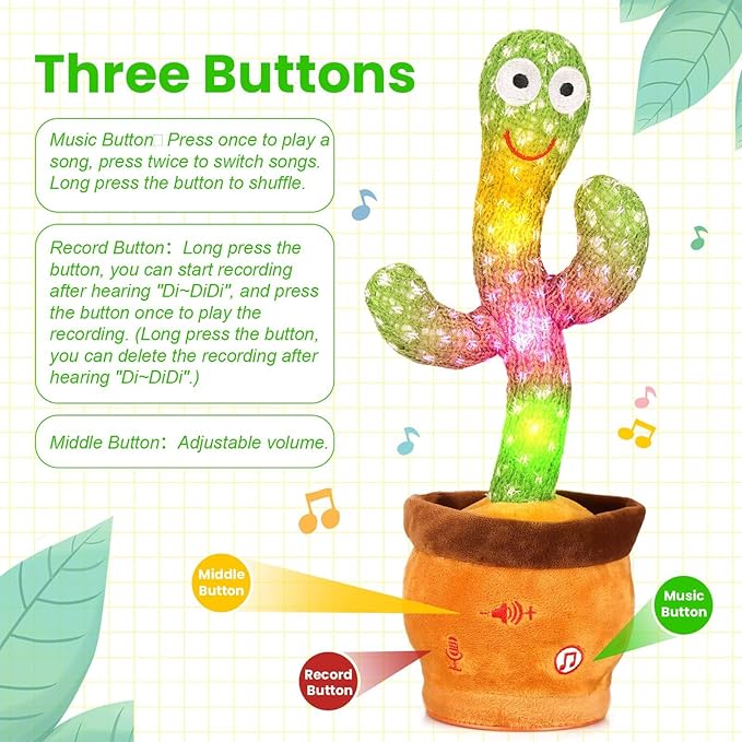 Volume Adjustable Dancing Talking Cactus, Singing Repeating Recording Mimicking Cactus Baby Toys, Interactive Learning Tummy Time Toy for Toddler Boys Girls Funny