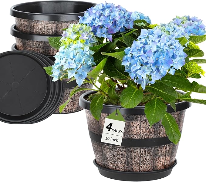 Uneed 10 Inch Whiskey Barrel Planter Pots, 4 Pack Plastic Flower Pots with Drainage Holes & Saucers, Retro Outdoor Pots for Plants, Patio, Lawn Decor (Brown)
