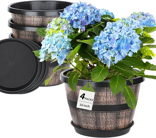 Uneed 10 Inch Whiskey Barrel Planter Pots, 4 Pack Plastic Flower Pots with Drainage Holes & Saucers, Retro Outdoor Pots for Plants, Patio, Lawn Decor (Brown)