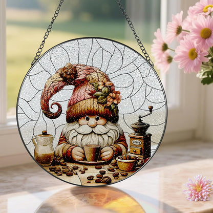 Stained Glass Window Hanging, Pauyadu Charming Gnome Sun Catchers, Stained Glass Suncatcher, Gnome Decor Gifts for Women, Mom, Grandma, Wife - 8 Inch