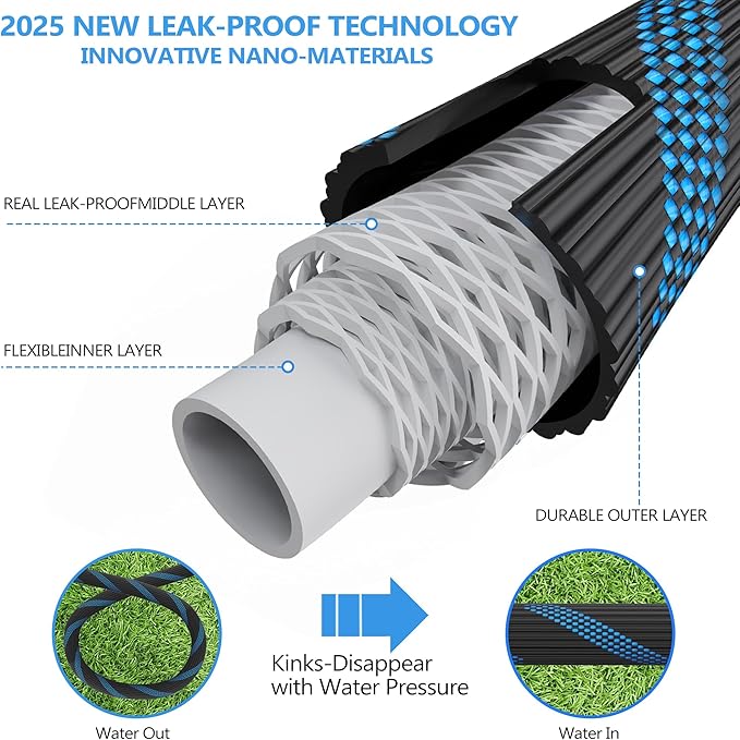200ft Garden Hose - Water Hoses w/10 Function Spray Nozzle, 2025 New Superior Strength Flexible Hose, 3/4" Brass Connectors- Leakproof Lightweight Water Pipe for Gardening(Blue Black)