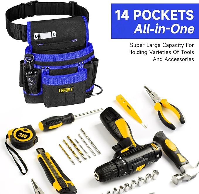 Tool Belt,Magnetic Tool Pouch,14-Pockets Tool Belts for Men,Detachable & Adjustable Tool Pouch belt for Electrician,Carpenter,Construction,Work Apron,Utility Belt,Black-Blue