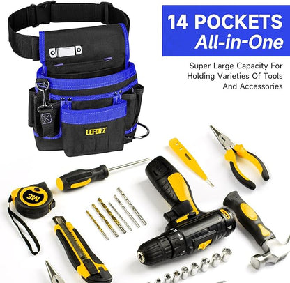 Tool Belt,Magnetic Tool Pouch,14-Pockets Tool Belts for Men,Detachable & Adjustable Tool Pouch belt for Electrician,Carpenter,Construction,Work Apron,Utility Belt,Black-Blue