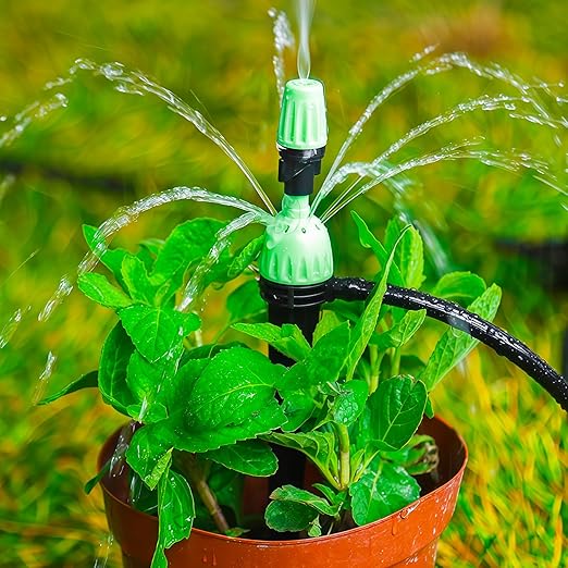 Drip Irrigation Emitters for 1/4" Irrigation Tubing, 25 Pack Integrated Drip Irrigation Stream Emitters & Adjustable Atomizing Nozzles with Stake Adjustable 360 Degree Water Flow Sprayer
