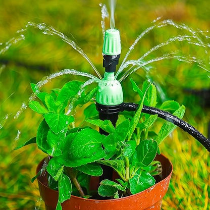 Drip Irrigation Emitters for 1/4" Irrigation Tubing, 25 Pack Integrated Drip Irrigation Stream Emitters & Adjustable Atomizing Nozzles with Stake Adjustable 360 Degree Water Flow Sprayer