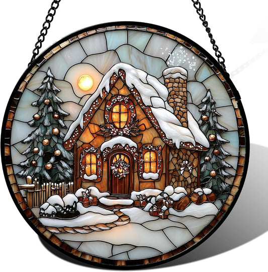 Stained Glass Window Hanging - Christmas Tree Cottage Sun Catcher for Door Garden Home Winter Decor Snowy Night Suncatcher Mother's Day Birthday Gifts for Women Men Mom Nana 11.8 in