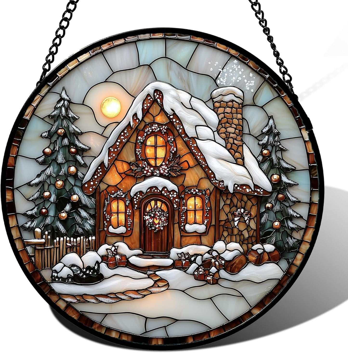 Stained Glass Window Hanging - Christmas Tree Cottage Sun Catcher for Door Garden Home Winter Decor Snowy Night Suncatcher Mother's Day Birthday Gifts for Women Men Mom Nana 7.8 in