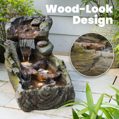 32.5" L Garden Outdoor Water Fountain, Floor Standing Cascading Realistic Tree Trunk Natural Waterfall Outdoor Fountains with LED Lights for Patio, Porch, Home Art Decor