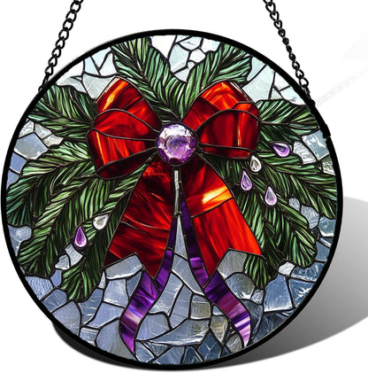 Stained Glass Window Hanging - Purple Gem Christmas Wreath Suncatcher for Doors Home Christmas Decoration Winter Sun Catcher Thanksgiving New Year Birthday Gifts for Women Men Mom Nana 7.8 in