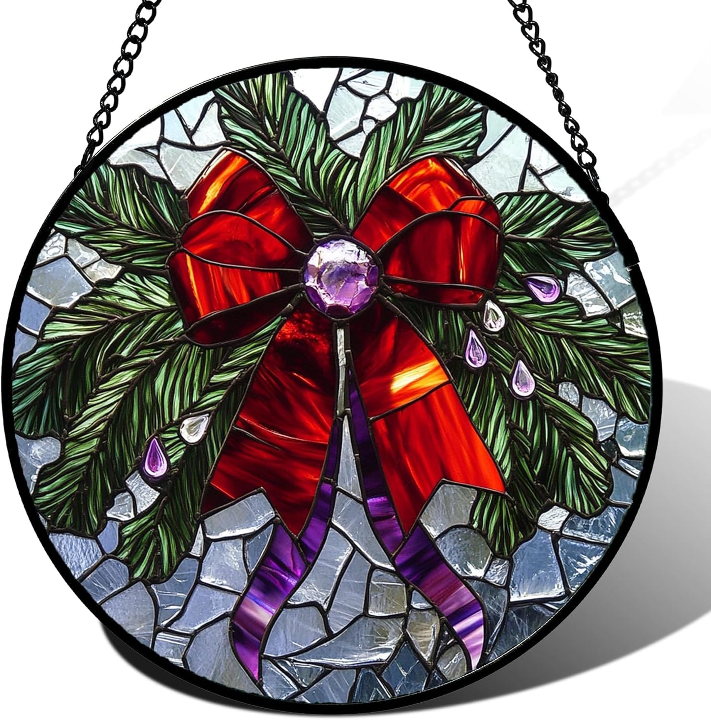 Stained Glass Window Hanging - Purple Gem Christmas Wreath Suncatcher for Doors Home Christmas Decoration Winter Sun Catcher Thanksgiving New Year Birthday Gifts for Women Men Mom Nana 6.3 in