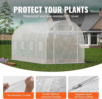 VEVOR Walk-in Tunnel Greenhouse, 14.6x6.4x6.3 ft Hoop House Greenhouse Tunnel, Plant Hot House with Galvanized Steel Frame, White PE Cover, Roll-up Zipper Door and 8 Windows for Outdoor