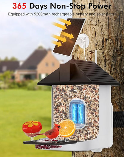 Smart Bird Feeder with Camera,5200mAh Battery with Solar Panel, 4K Native Resolution Live View, AI Species Identification, Auto Capture & Instant Arrival Alert, Ideal Gift for Bird Lovers (Dark Grey)