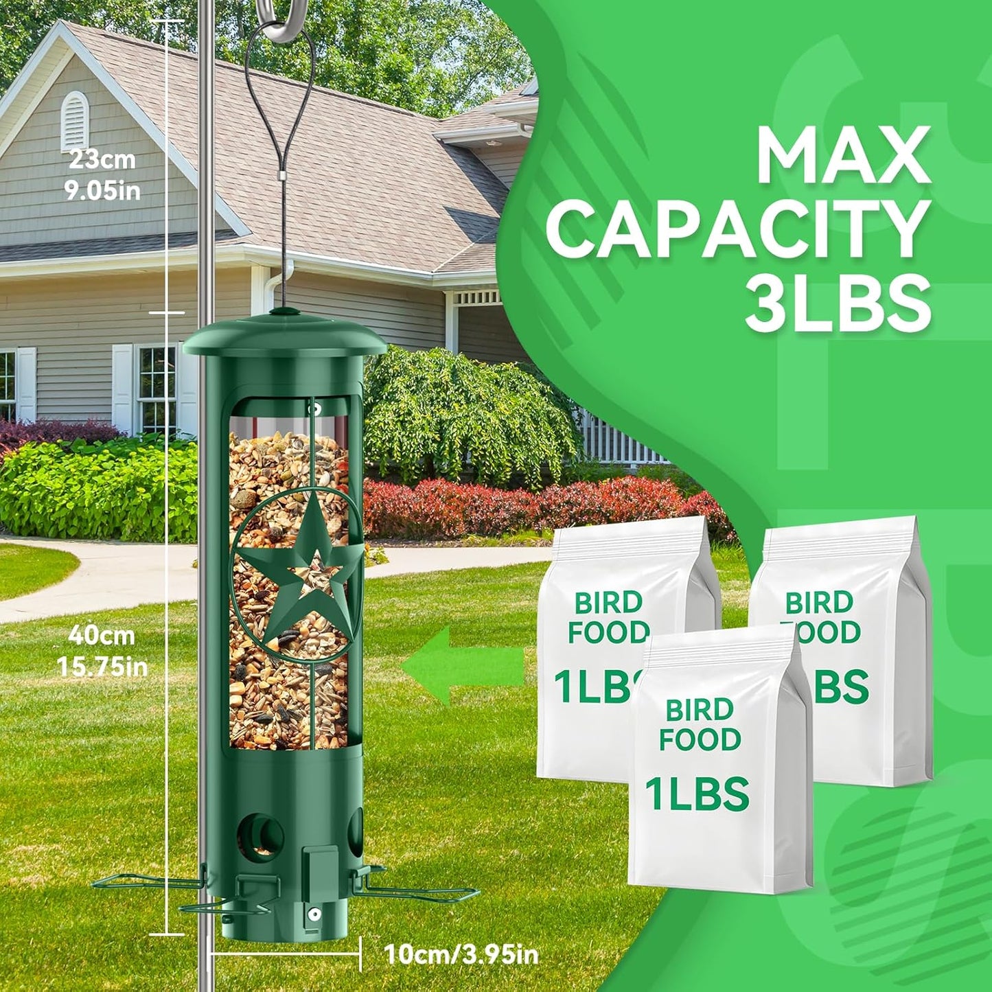 Squirrel Proof Bird Feeders for Outdoors Hanging, Metal Squirrel Proof Bird Feeder with Gravity Protection, 3LB Large Capacity Wild Bird Feeders for Outside Finch, Cardinal, Blue Jay (Green)