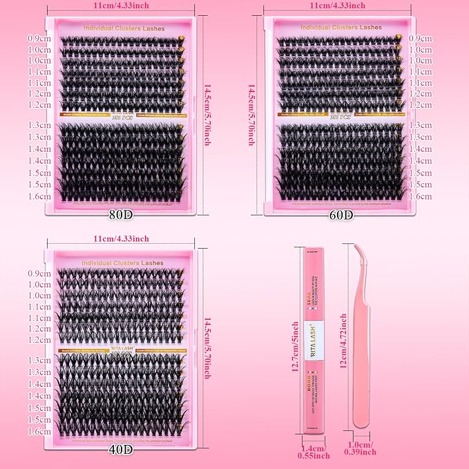 Lash Extension Kit DIY Lash Clusters 3 Boxes Cluster Lashes Soft Eyelash Extensions Wispy Individual Lashes with Lash Bond and Seal,Lash Tweezers,Washbag 6 Counts(40D 60D 80D, 3 Boxes Kit)