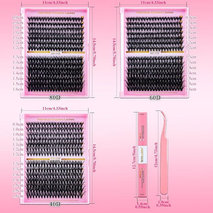 Lash Extension Kit DIY Lash Clusters 3 Boxes Cluster Lashes Soft Eyelash Extensions Wispy Individual Lashes with Lash Bond and Seal,Lash Tweezers,Washbag 6 Counts(40D 60D 80D, 3 Boxes Kit)