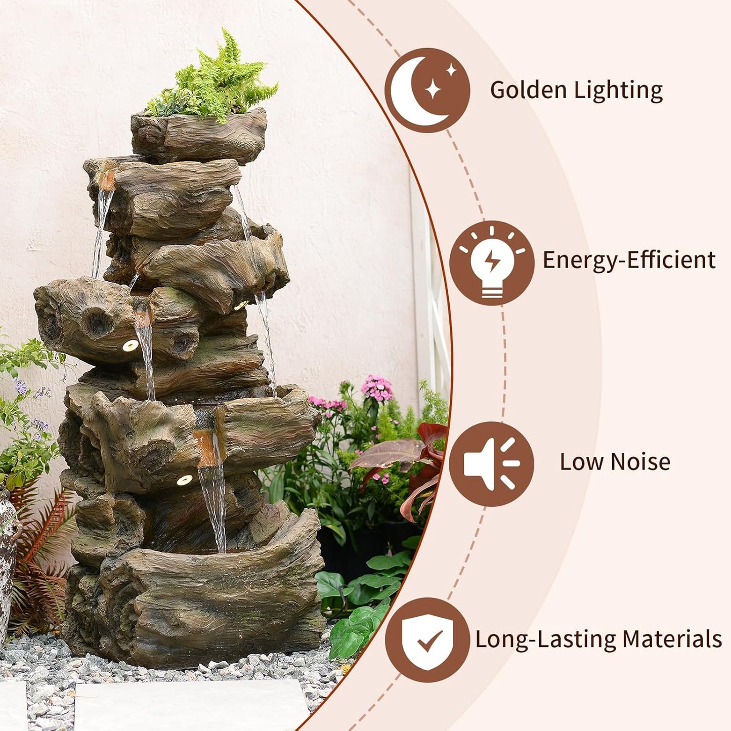 40.5" H Outdoor Water Fountain 5 Tiers Large Cascading Wooden Imitative Wood Natural Waterfall Outdoor Fountain Resin Imitation Wood with LED Lights for Garden, Patio, Porch