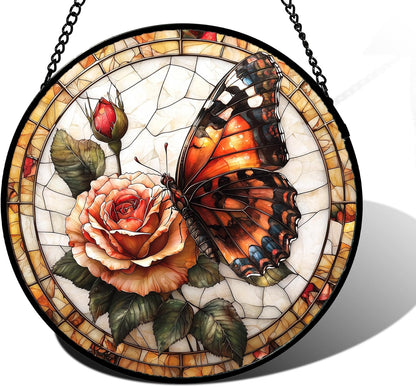 Stained Glass Window Hanging, Butterfly Picking Flowers Suncatcher for Doors Home Sun Catchers Decoration and Christmas, Mother's Day Birthday Gifts for Women, Men, and Mom 11.8x11.8 in