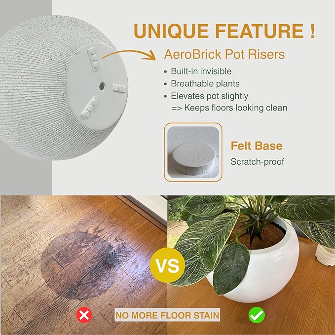 16"H x 20"D Globo Fiberstone Round Planter with Drainage Hole, Weather Resistant, Ribbed Finish, Planters for Indoor Plants & Outdoor, 2 Extra Coco Mats (Speckled White, 13.5" Pot Opening)