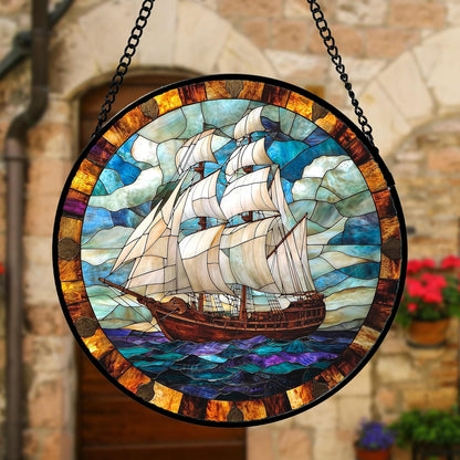 Stained Glass Window Hanging, Sailing Ocean Sun Catchers Glass Panel Navigation Suncatcher Decor for Birthday for Women, Men, Wife, Aunt, and Mom 9.8 in