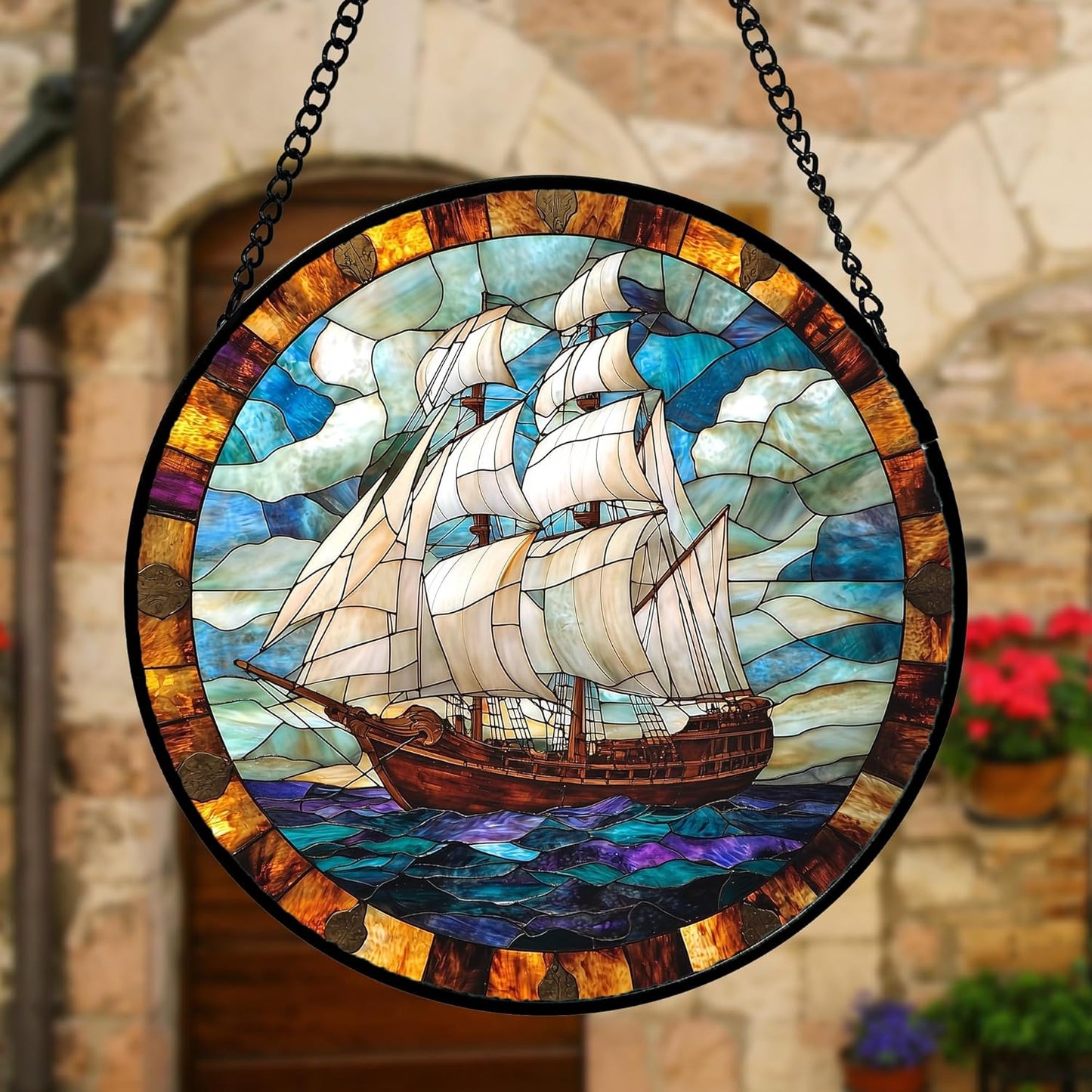 Stained Glass Window Hanging, Sailing Ocean Sun Catchers Glass Panel Navigation Suncatcher Decor for Birthday for Women, Men, Wife, Aunt, and Mom 6.3 in