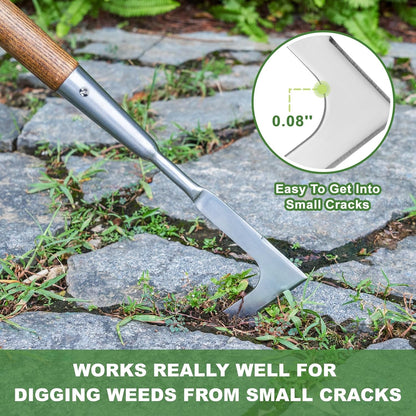 Haliaeetus Long Handle Crack Weeder, 62'' L-Shaped Stainless Steel Crevice Weeding Tool, Comfortable Wood Handle Paver Weeder, Sidewalk Weed Removal Tool for Driveway, Bricked Patio, Terrace Paving