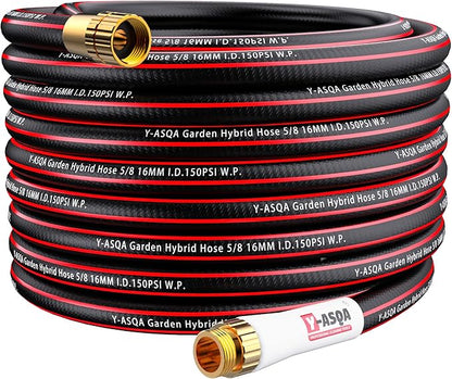 YASQA Water Hose 50 Ft, Flexible, Leakproof, Lightweight Lead In Rubber Hose 5/8" Diameter X 50ft Kink Free 150PSI Durable High Burst Strength Industrial Garden Hose