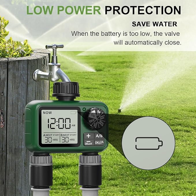 2 Outlet Sprinkler Timer, XinFuture Water Timer, Programmable Garden Hose Timer with Rain Delay, Manual& Automatic Watering System, Waterproof Irrigation Controller for 2 Separate Watering Zones