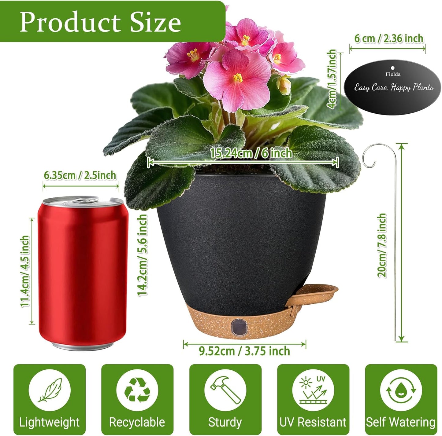 6 Inch Self Watering Pots for Indoor Plants (5-Pack) – Small Plastic Planters with Water Window, Drainage Holes & Trays, Indoor Outdoor Flower Pots for Herbs, Succulents, Home Garden Decor (Black)