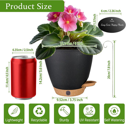 6 Inch Self Watering Pots for Indoor Plants (5-Pack) – Small Plastic Planters with Water Window, Drainage Holes & Trays, Indoor Outdoor Flower Pots for Herbs, Succulents, Home Garden Decor (Black)