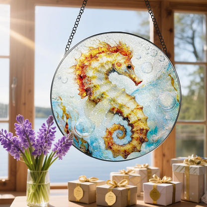 Stained Glass Window Hanging, 8 Inch Seahorse Sun Catcher Decor, Stained Glass Ornament, Suncatchers for Windows Hanging, Window Decor, Seahorse Gifts, Gifts for Ocean Lovers