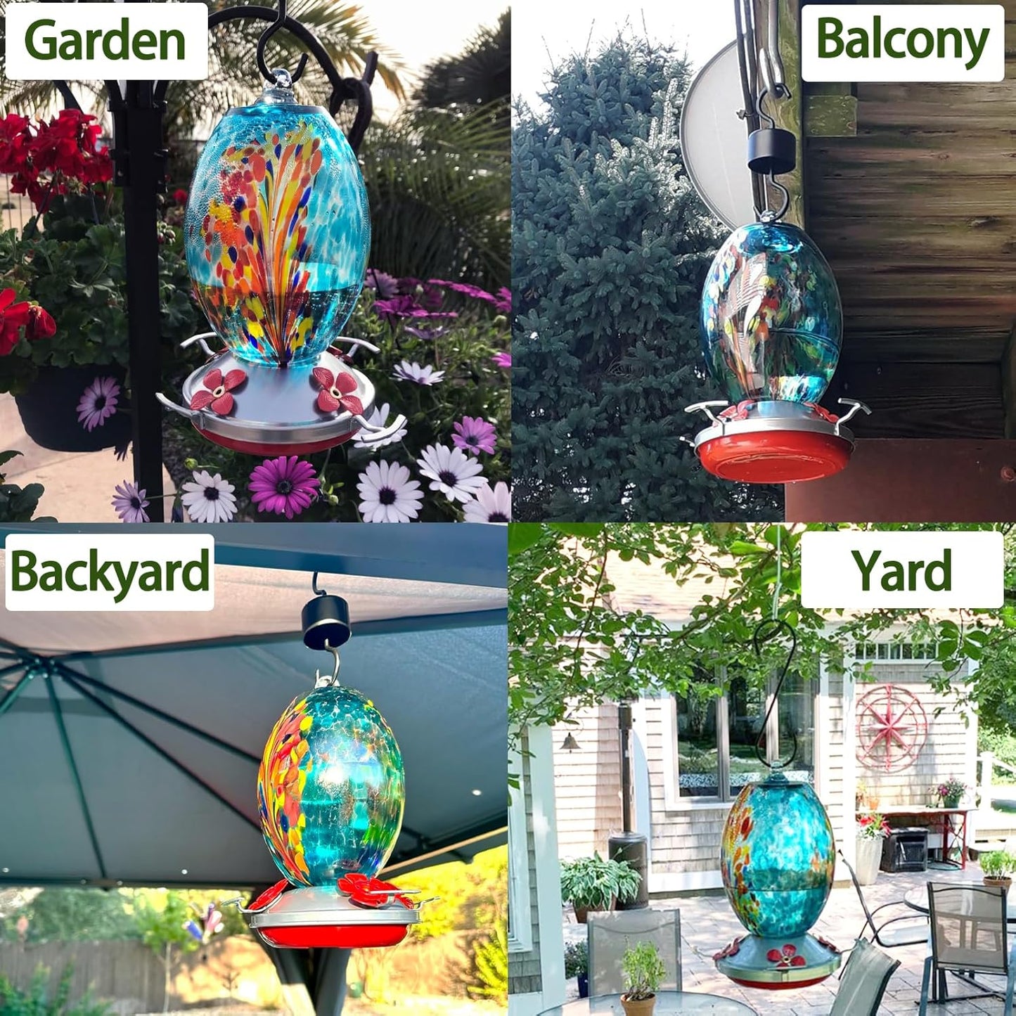 Muse Garden Glass Humming Bird Feeders for Outdoors - 27OZ Blown Glass Hummingbird Feeder - Unique Gift for Mom Women, Outdoors Hanging Garden Decor, Includes Ant Moat & Brush, Blue Fireworks