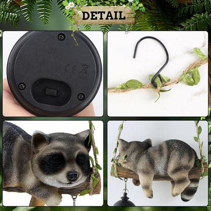 Solar Lighted Garden Outdoor Statue, 20.1" H Hanging Swing Lying with A Sleeping Raccoon and A LED Lantern, Resin Animal Figurine Hanging Ornaments with Hook for Decoration & Gift