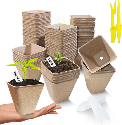 70-Pack 3.15 inch Square Peat Pots for Seedlings with Drainage Holes, Biodegradable Nursery Pots with 100 Labels for Plants