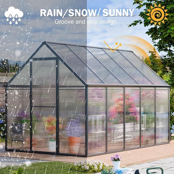 CDCASA 10.3x6.2 FT Greenhouse for Outdoors, Easy Assembly Thicker Aluminum Heavy Duty Polycarbonate Greenhouses Kit w/2 Vent Window, Swing Door, Walk-in Green House for Sunroom Patio,Backyard
