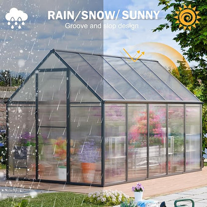 CDCASA 10.3x6.2 FT Greenhouse for Outdoors, Easy Assembly Thicker Aluminum Heavy Duty Polycarbonate Greenhouses Kit w/2 Vent Window, Swing Door, Walk-in Green House for Sunroom Patio,Backyard