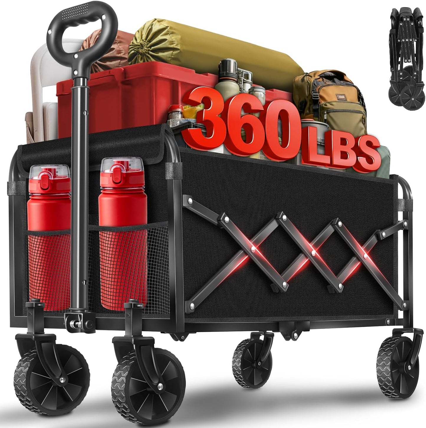 Collapsible Folding Utility Wagon Cart with Wheels, 360 Lbs Heavy Duty Outdoor Foldable Wagon with Adjustable Handle, 2 Drink Holders, Portable Wagon for Groceries, Garden, Beach, Camping, Shopping
