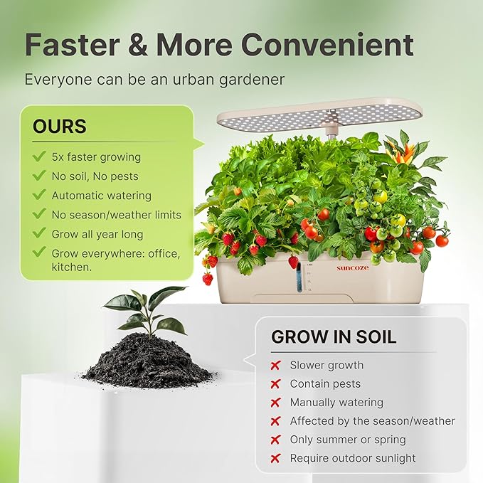 SUNCOZE Hydroponics Growing System Kit 12 Pods, Indoor herb Garden with 20W LED Grow Light, Visible Water Tank with Pump, 2.2"-12.4" Adjustable Height Indoor Gardening System, Gardening Gifts, Beige
