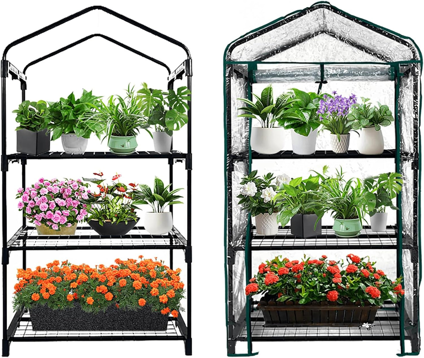 GreenGiggle 3 Tier Mini Indoor Outdoor Greenhouse,27"x19"x49" GreenHouses with Clear PVC Cover and Roll-Up Zipper Door,Plastic Green House for Indoors Grow Tent&Garden greenhouses for Outdoors