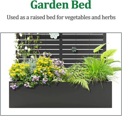 Metal Raised Garden Bed with Trellis, 2 in 1 Trellis with Planter Box & Privacy Screen for Climbing Plants, Vine, Outdoor Standing Flower Beds with Drainage Holes, 47" L x 17" W x 71" H, Black