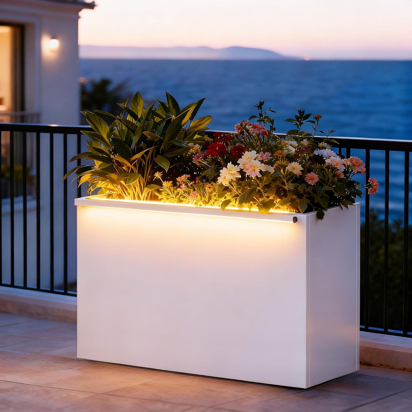 GSK White LED Metal Planter Boxes Outdoor Space LED Light Strips × 2 Durable and Stylish Rectanglular Raised Flower Trough with Drainage Holes Indoor Easy Assembly Garden Patio Balcony Porch