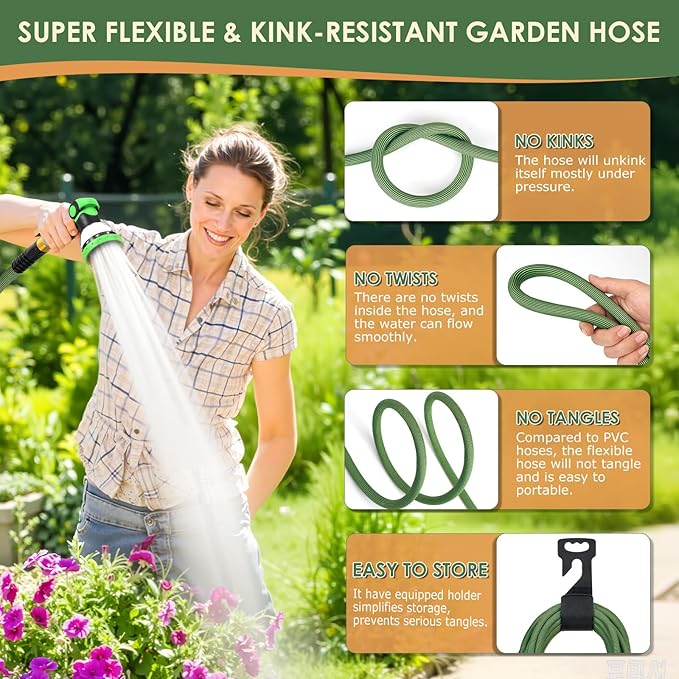 Non-Expandable Garden Hose 50 ft, Ultra Lightweight Flexible Water Hose with 10-Pattern Nozzle, Leak-Proof, High-Density Fabric, Thickened Connector, Shut-Off Valve for Yard, Lawn, Outdoor