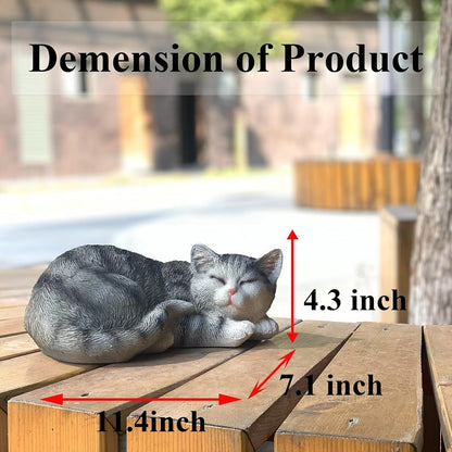 Sleeping Cat Statue Garden Decor, Outdoor Cat Sculpture & Figurine Lawn Ornament, Grey Tabby Statue for Patio, Lawn, Yard Decorative, Cute Kitten Memorial Grave Accessory