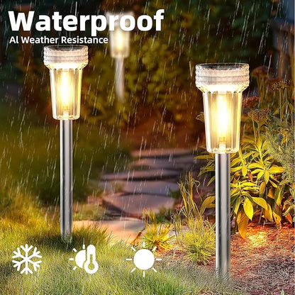 DERAYSION 12 Pack Solar Lights Outdoor, Solar Pathway Lights Auto Dusk-to-Dawn Landscape Garden Lighting, Waterproof Stainless Steel Pole Lighting for Path, Yard, Walkway, Garden, Driveway