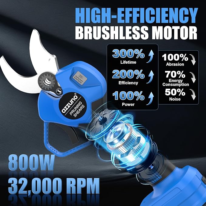 AZZUNO 20V 2-IN-1 Electric Pole Pruning Shears: 1.4 Inch Cordless Long Handle Pruner 13ft Reach, Brushless Branch Cutter with LCD Display for Tree Trimming Gardening (2Pcs 2.0Ah Batteries and Charger)