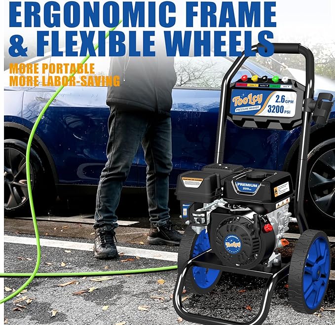 TOOLCY 3200 PSI Gas Pressure Washer, 2.6 GPM Gas Powered Power Washer Reinforced Pump & 209cc OHV Engine, 35FT Pressure Hose, Quick Connect Swivel Pressure Gun, 5 Nozzles for Homes (No Soap Tank)
