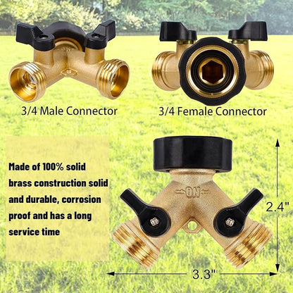 Biswing Garden Hose Splitter 2 Way, Heavy Duty Brass Connector Tap Splitter, Y Splitter 2 Valves with 2 Extra Rubber Washers