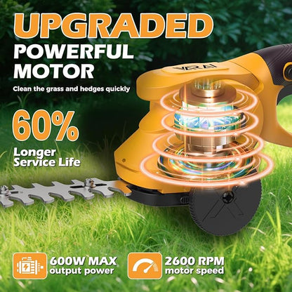 Cordless Hedge Trimmer, 2-in-1 Hedge Trimmer, Ultra Long Battery Life with Battery*2, high-Power and high-Capacity Grass Trimmer for Gardens, Yards and lawns, Including Charger